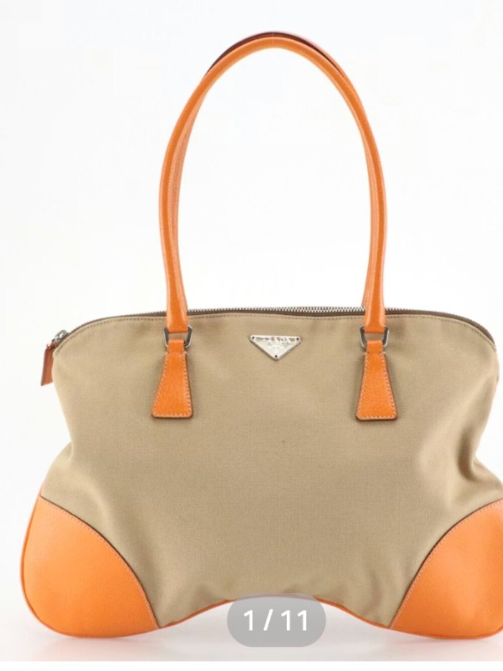 Prada Bauletto Vintage Shoulder Bag Beige Jacquard Canvas Orange Leather